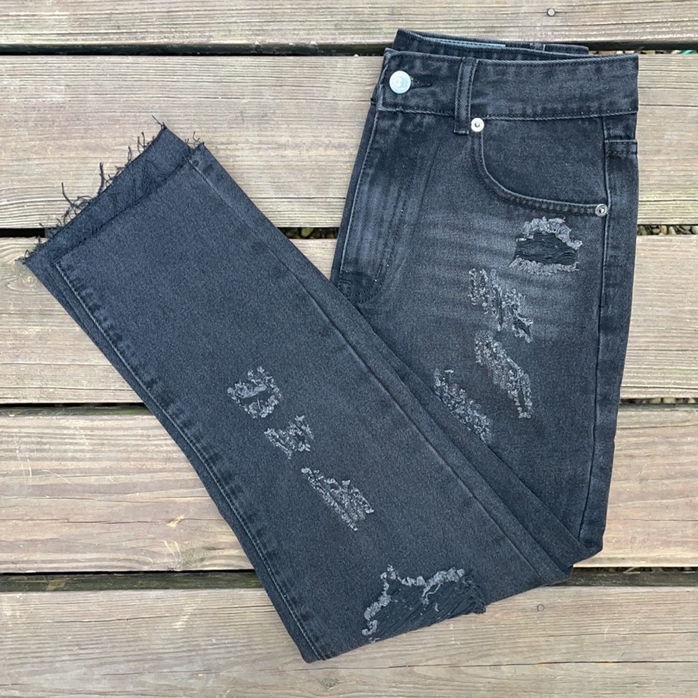 High-Rise Distressed Straight Leg Jeans
